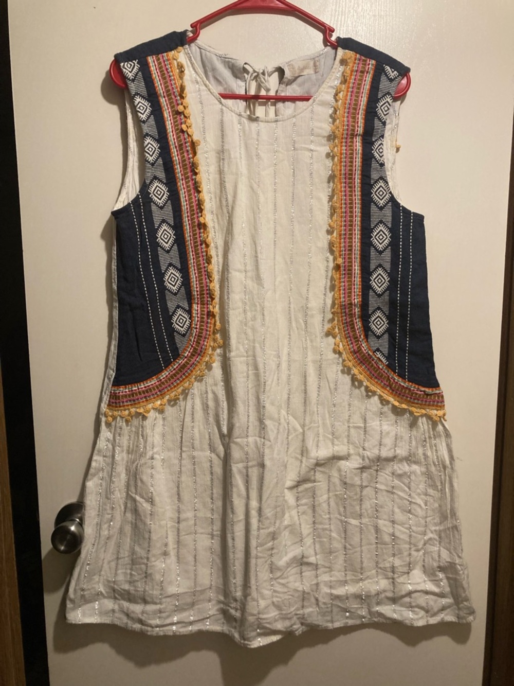 Altar'd State White Mini Dress with Navy Embroidered Panels and Yellow Trim